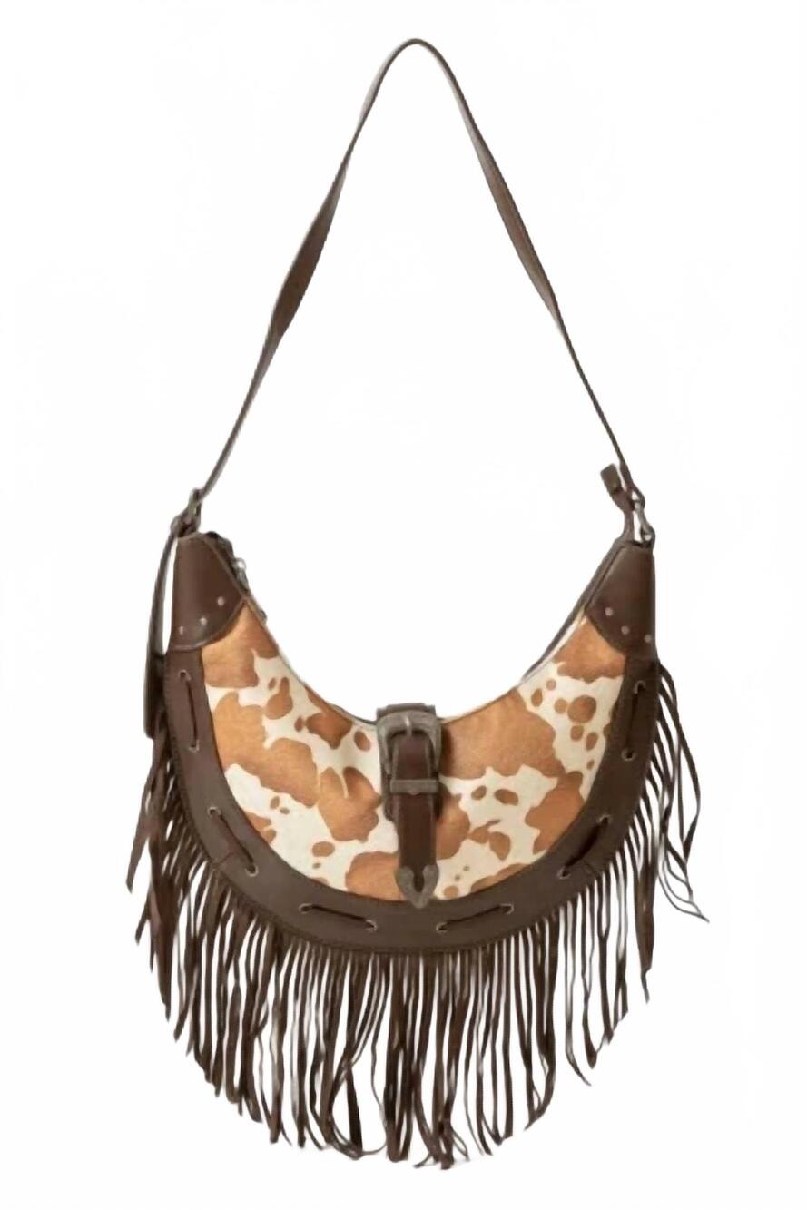 NEW FAME ACCESSORIES women's cow print fringe hobo bag in brown